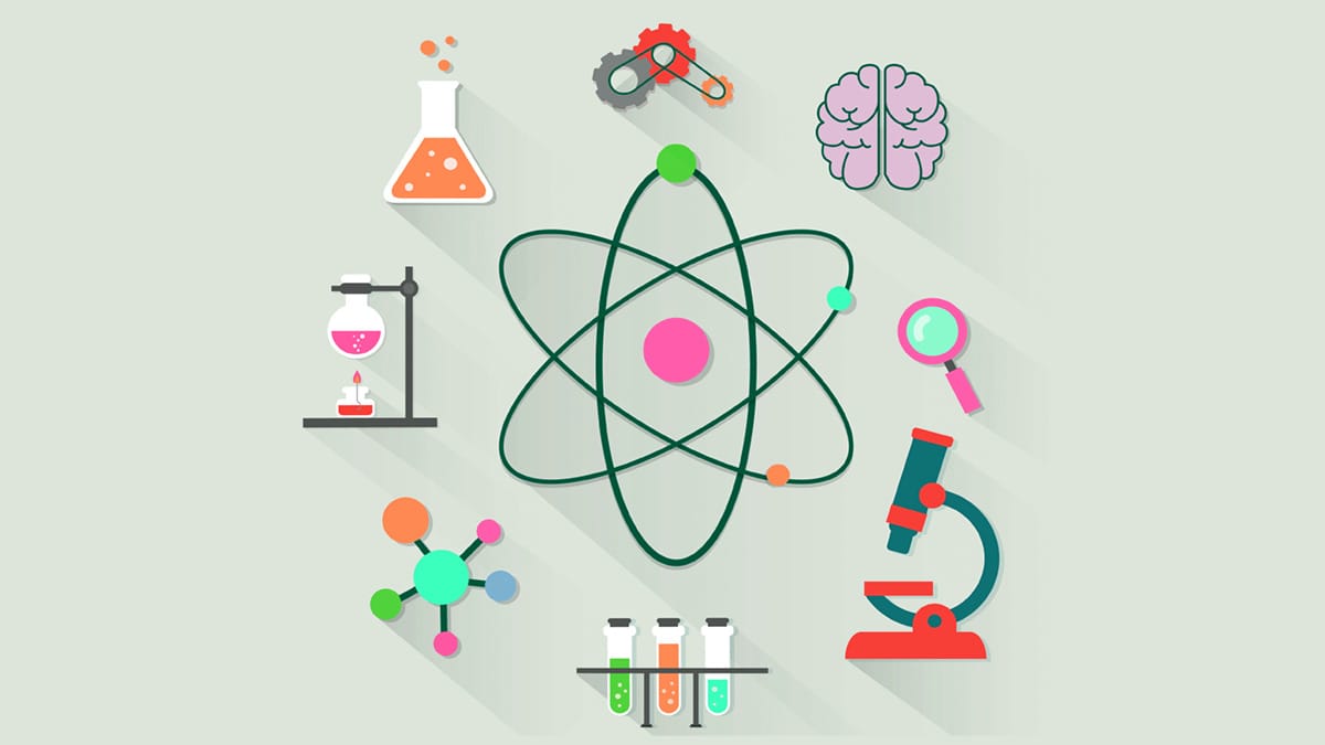 Science illustration with an atom and laboratory equipment